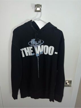 VLONE Black Hoodie with White THE WOO Text and Blue Rose